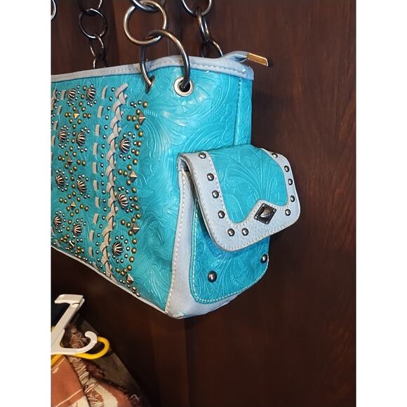 Montana West Studded Conceal Faux Leather Satchel Shoulder Handbag Turquoise Bag - Picture 5 of 11